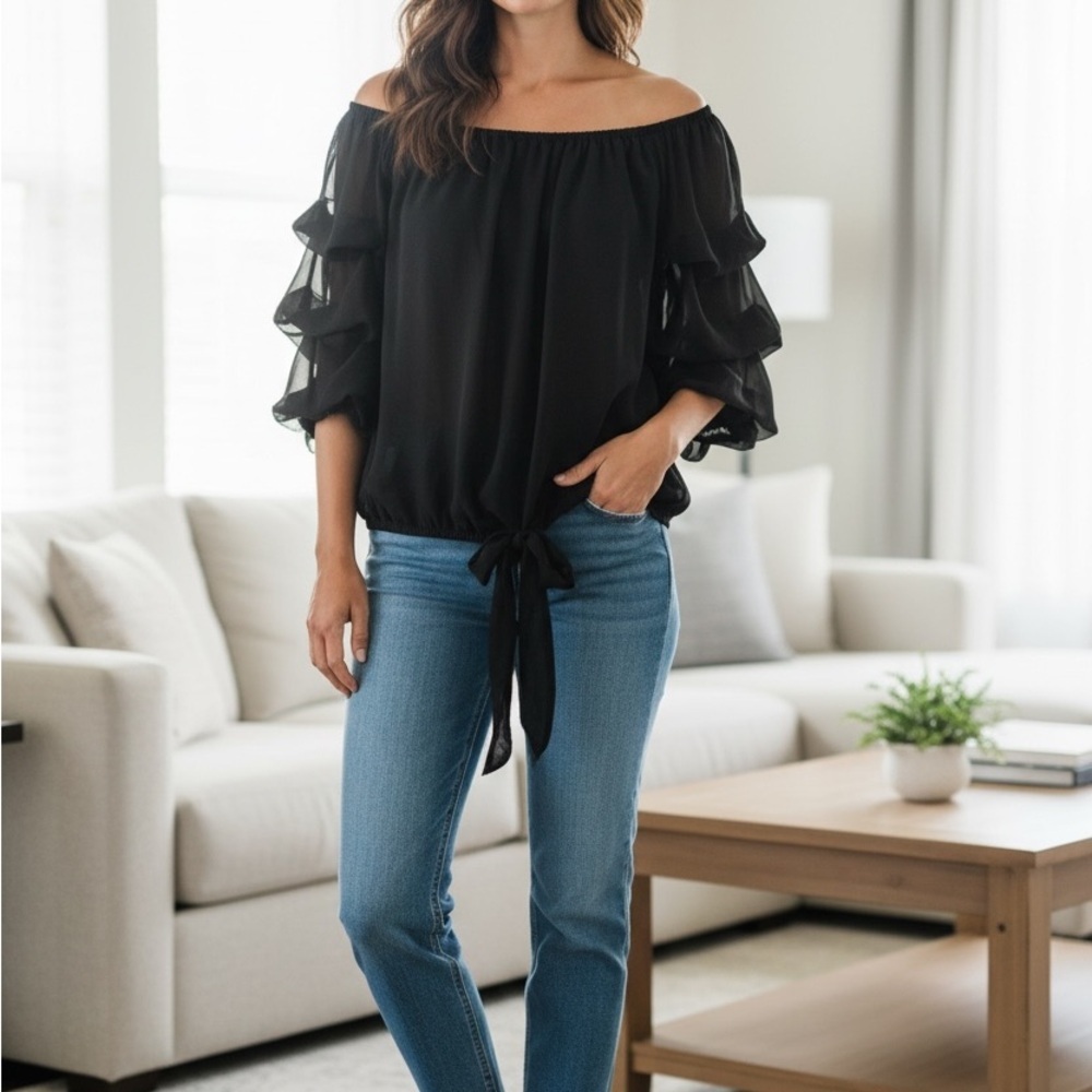 CeCe Black Ruffle Sleeve Blouse - Picture 3 of 6